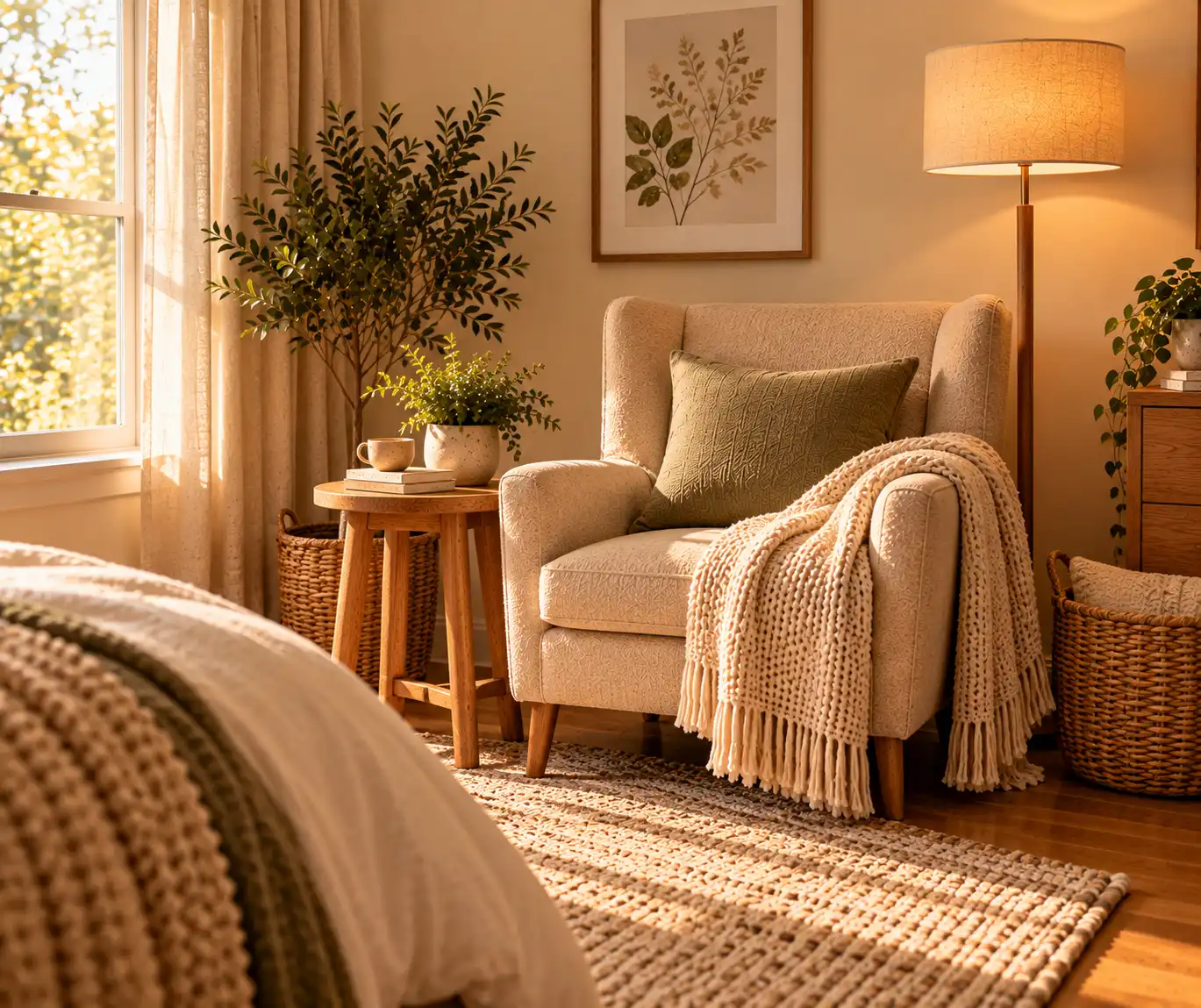 Cozy bedroom reading corner with a beige chair, wood side table, and soft lighting.