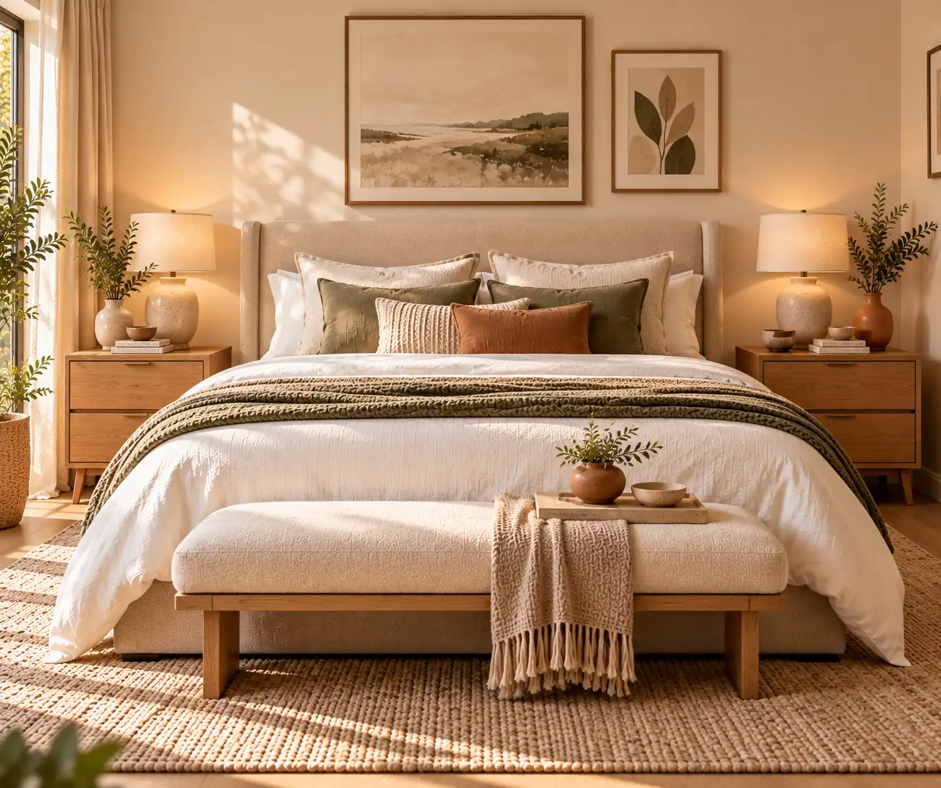 Modern bedroom with neutral bedding, framed artwork, books, and subtle earthy accents.