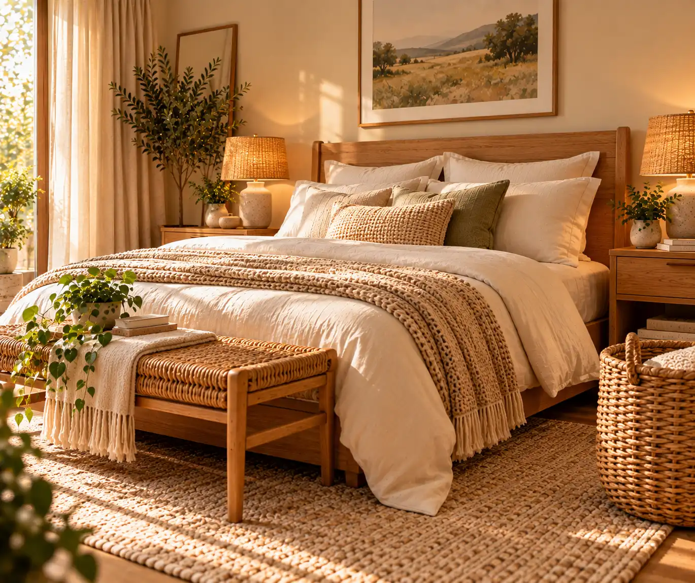 Cozy bedroom with natural wood furniture, woven textures, and soft neutral bedding.