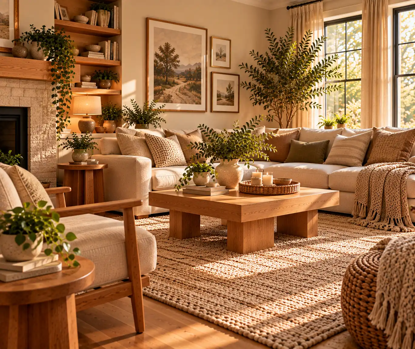 Cozy living room with indoor plants, framed artwork, books, and personal decor.