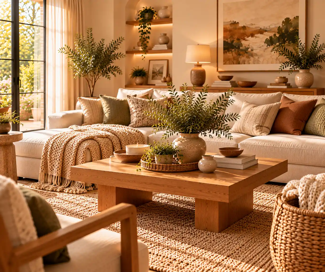Cozy modern interior with layered textiles, woven materials, natural wood, and ceramics.