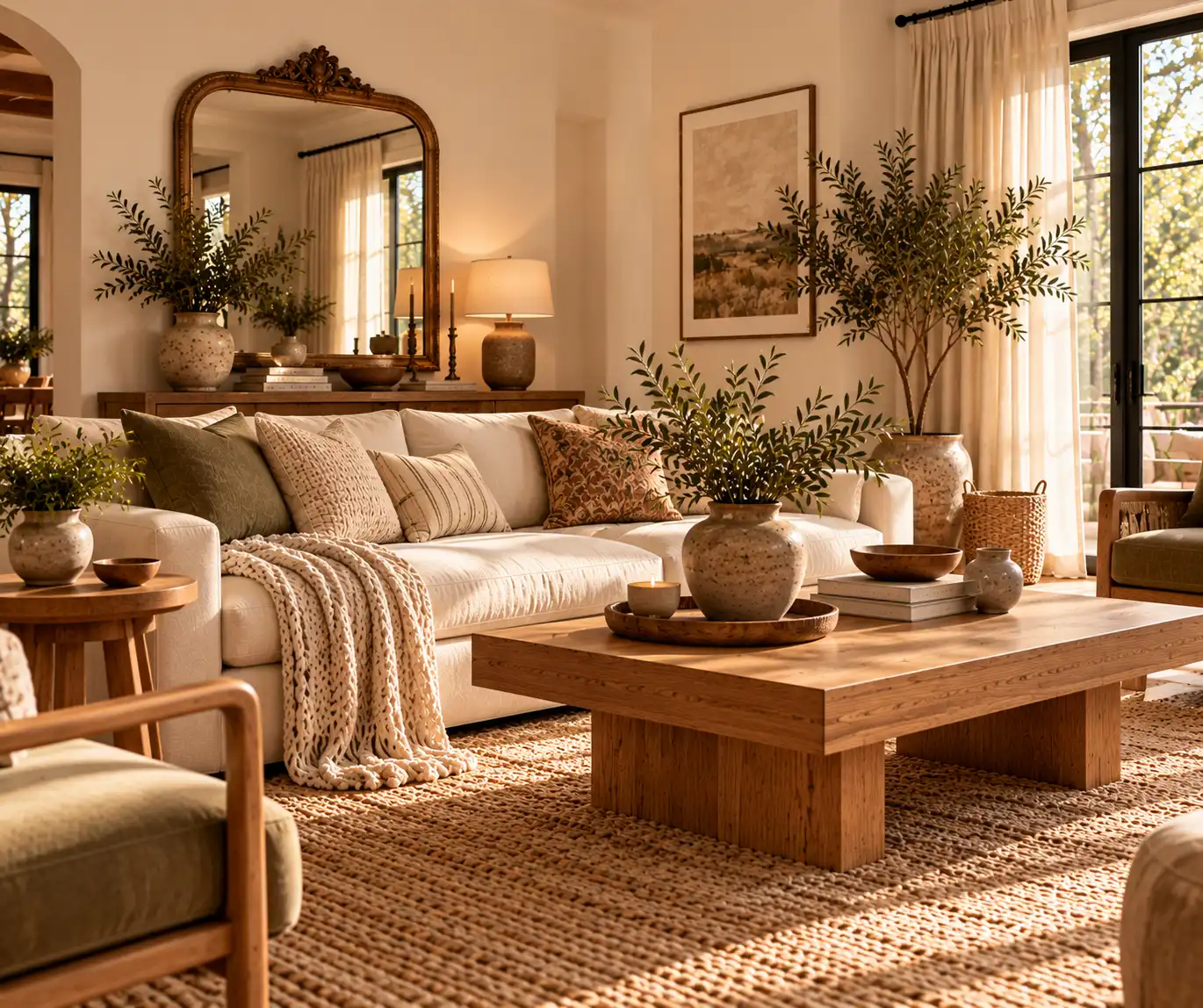 Modern living room combining contemporary furniture with subtle vintage-inspired decor.