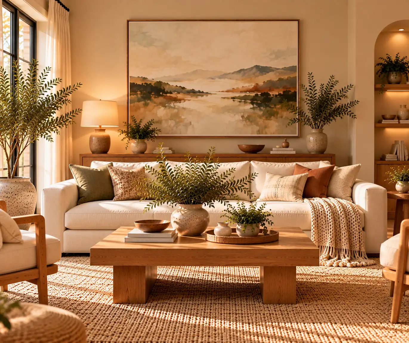 Modern living room with large artwork creating a simple focal point.