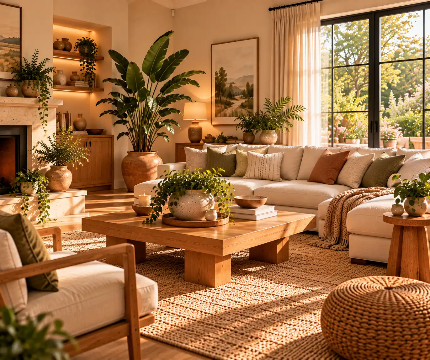 Modern living room with indoor plants and warm natural decor.