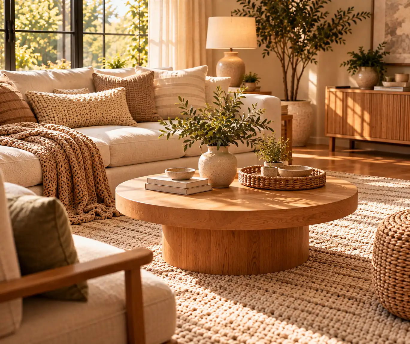 Simple wooden coffee table with minimal decor in a cozy living room.
