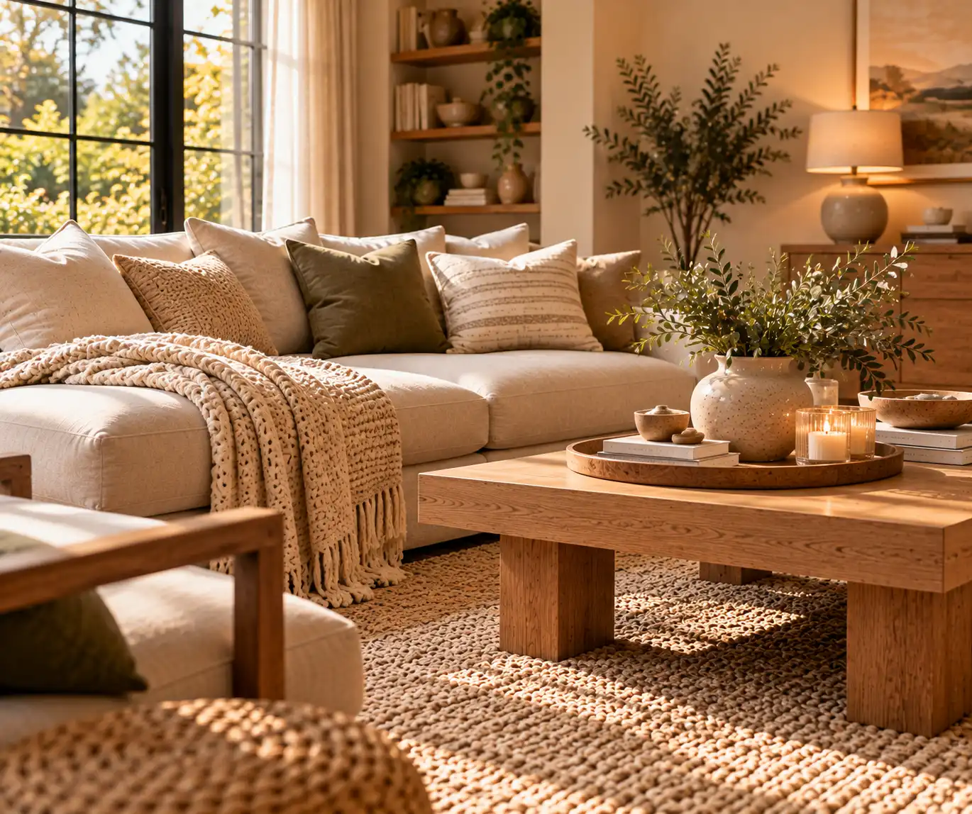 Modern living room with layered linen, woven, wood, and ceramic textures