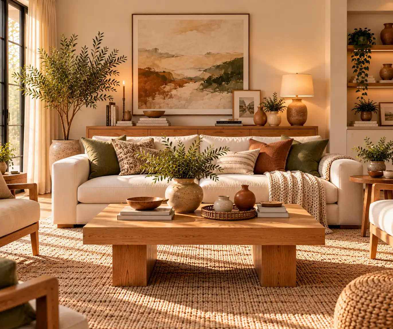 Stylish modern home with personal artwork, books, ceramics, and subtle earthy accents.