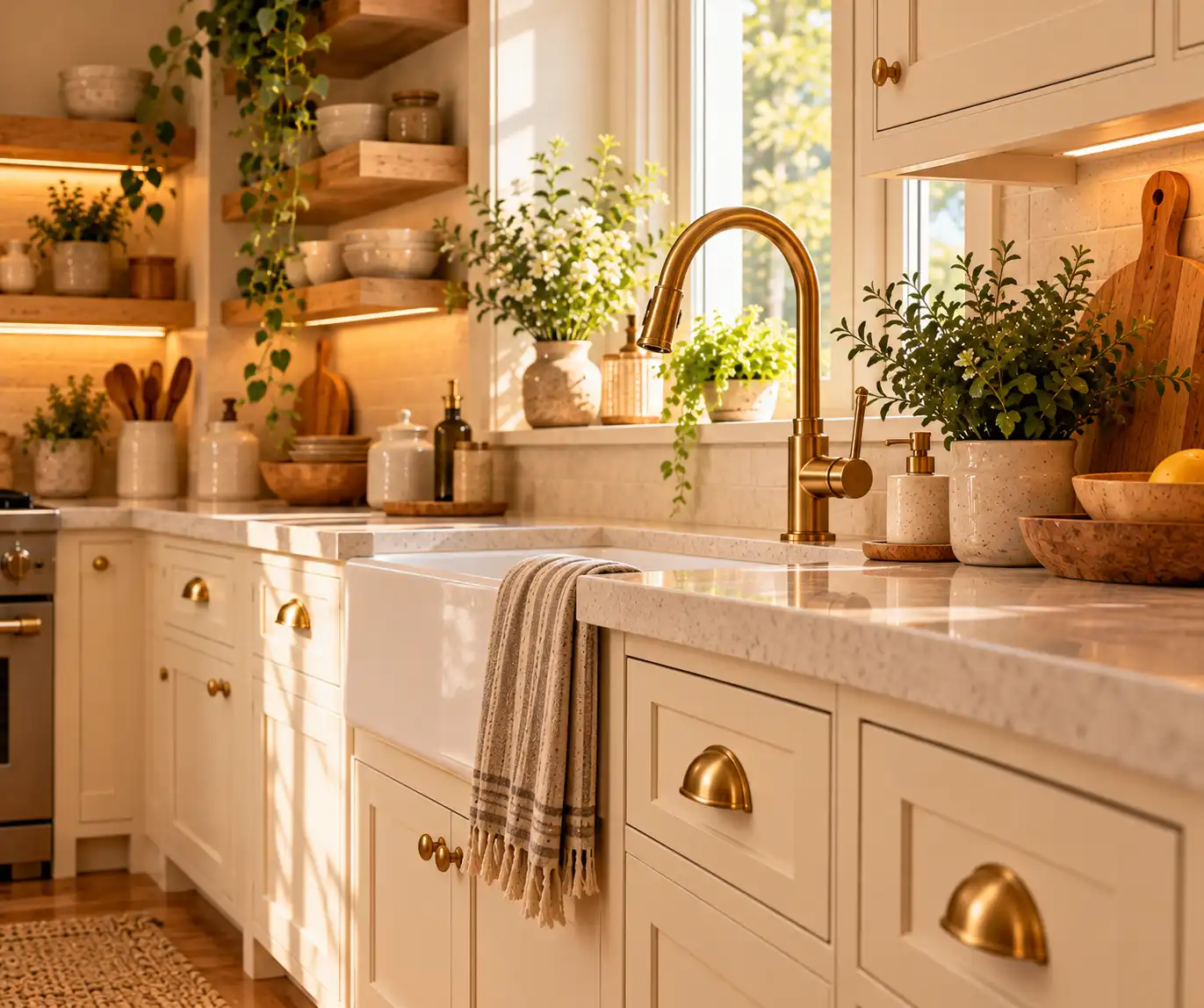 Cozy cream kitchen with warm brass hardware and natural wood accents