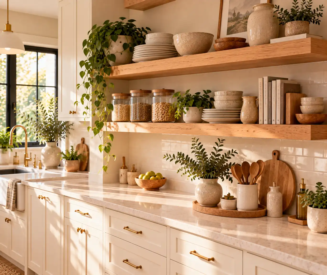 Modern kitchen with neatly styled open wooden shelves and ceramic dishes.