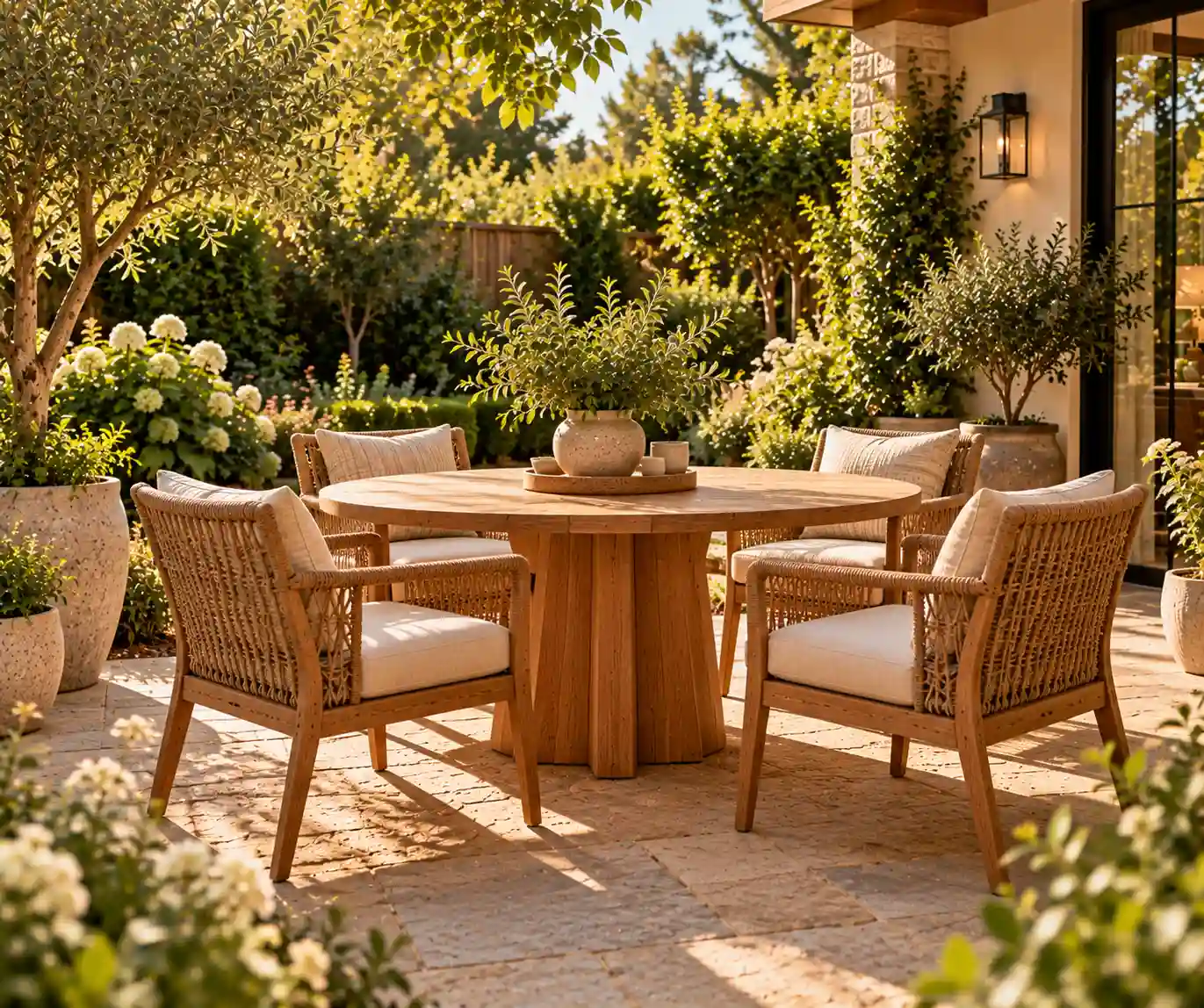 Backyard dining area with a round wood table and comfortable outdoor chairs