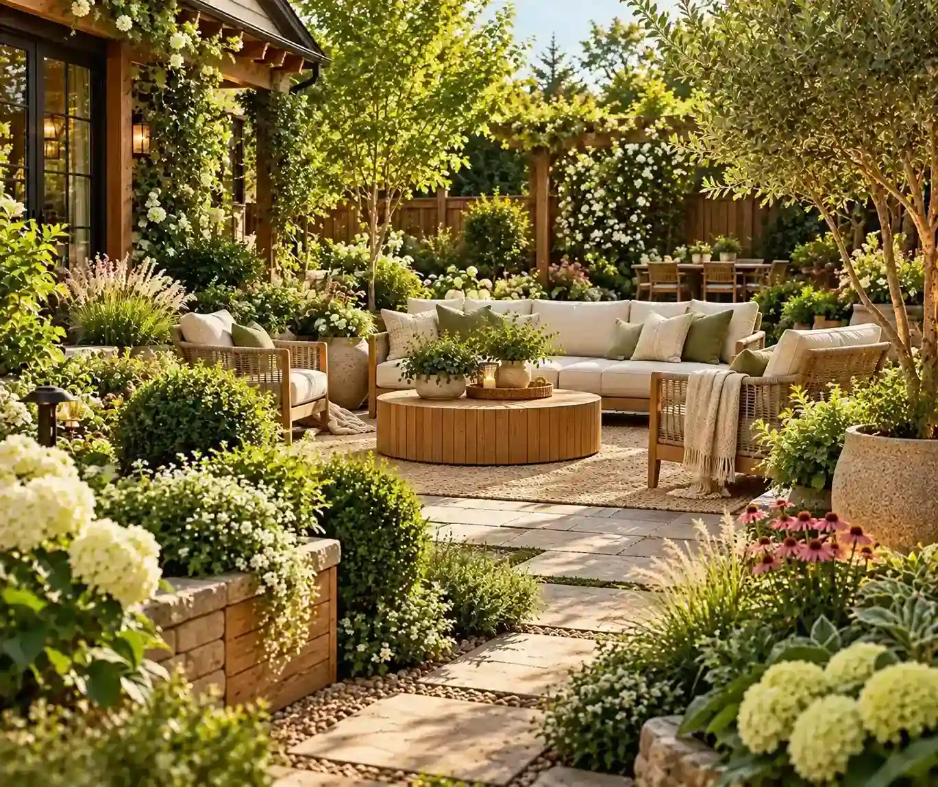 Green backyard filled with layered plants, shrubs, flowering pots, and cozy outdoor seating.
