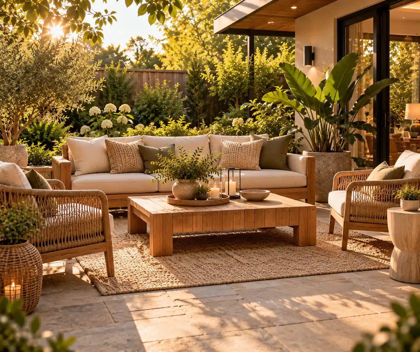 Cozy backyard seating area with beige outdoor sofa and natural wood furniture