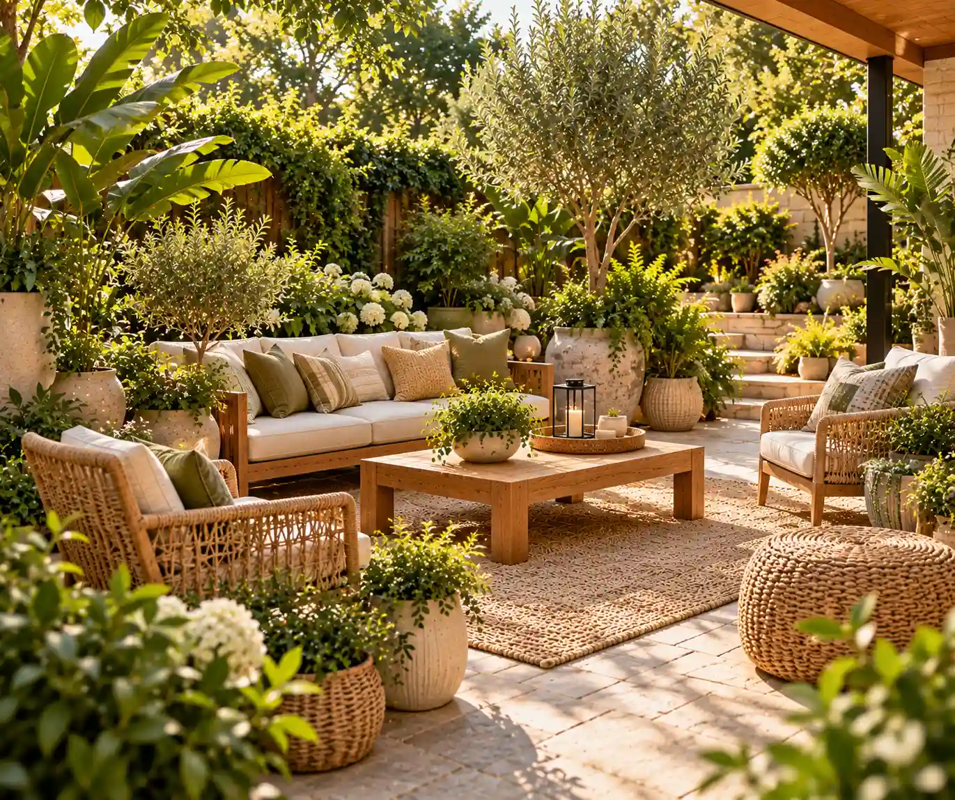 Backyard decorated with layered greenery and large ceramic planters