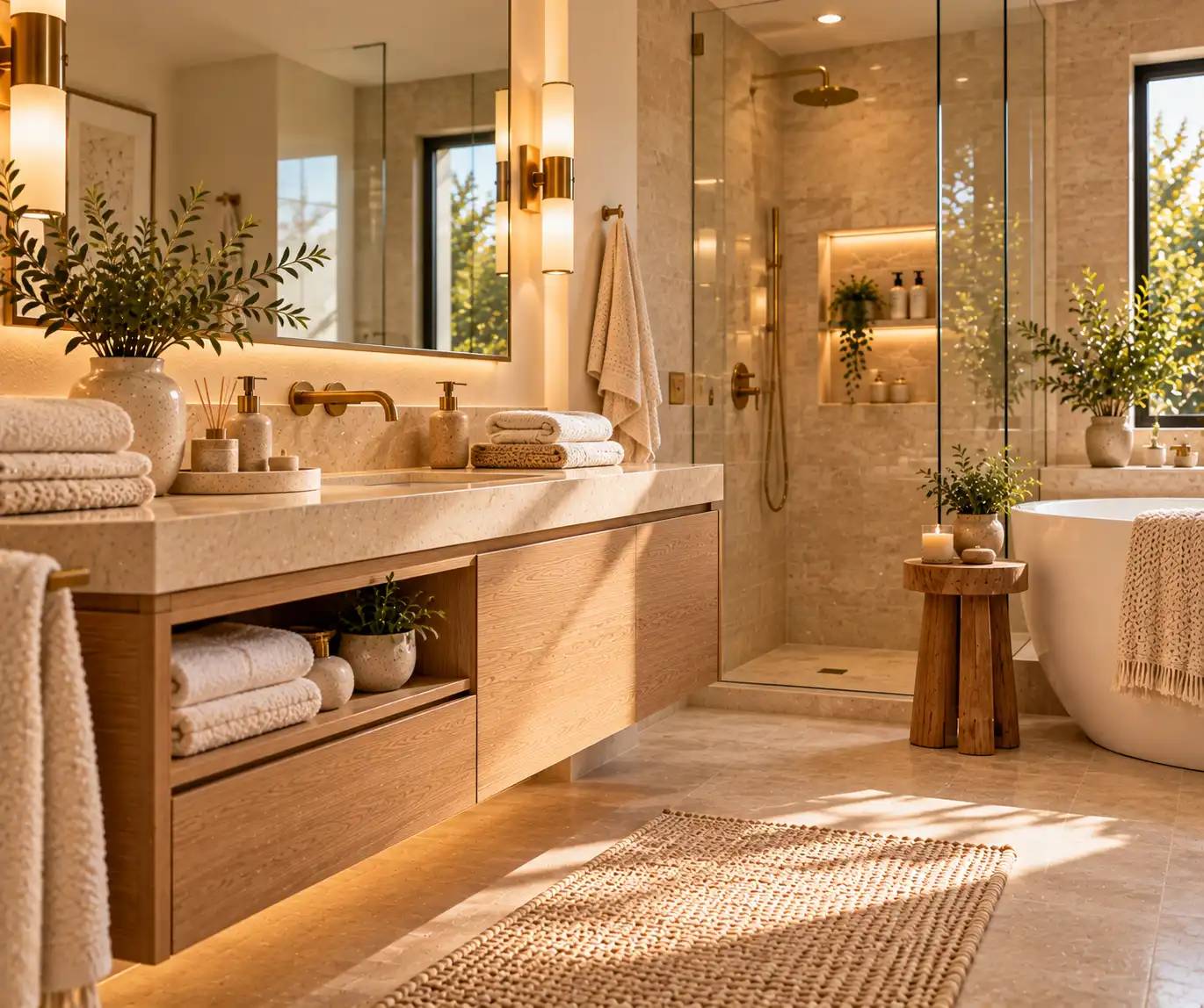 Elegant bathroom with coordinated cream towels, neutral bath mat, and warm wood accents