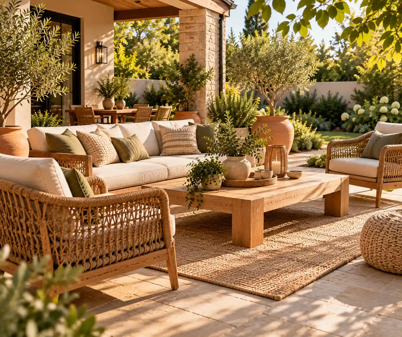 Backyard decorated with natural wood furniture and woven outdoor chairs