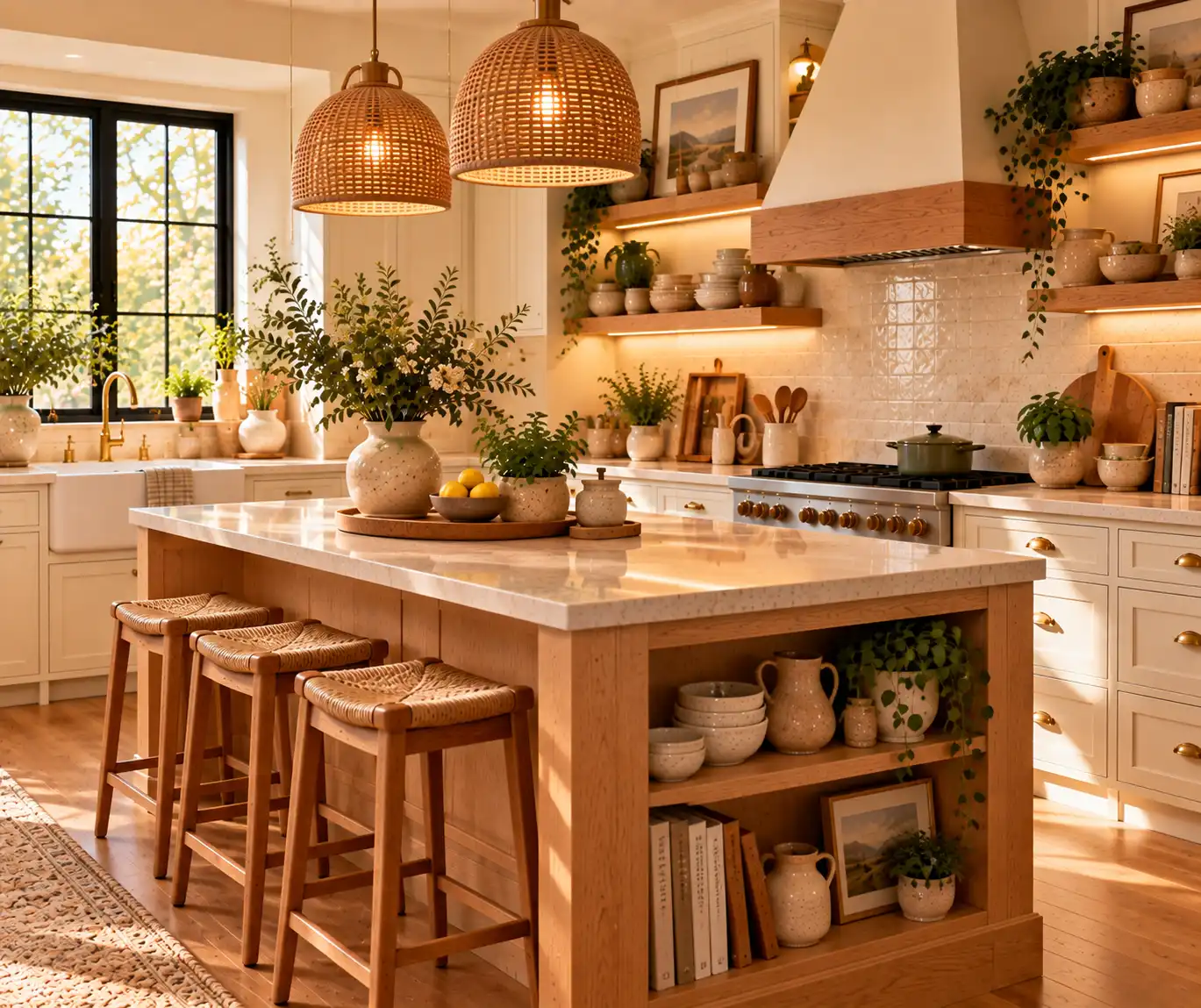 Warm modern kitchen with personal ceramics, greenery, and natural wood accents.