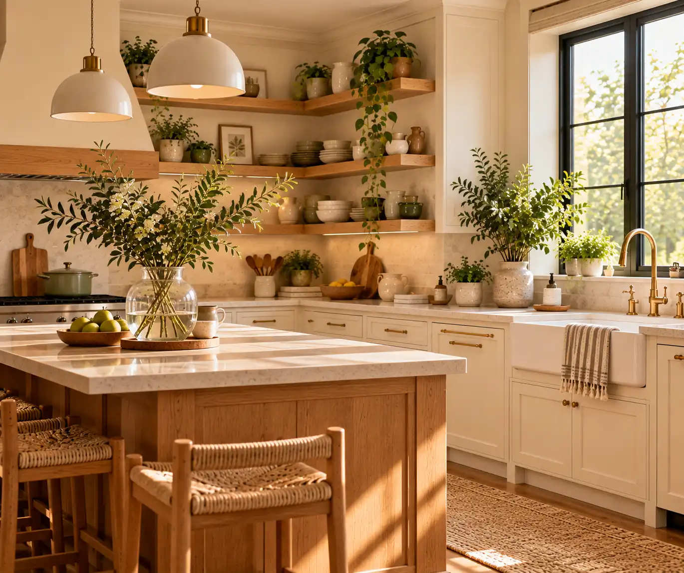 Cozy kitchen decorated with small plants and fresh green branches