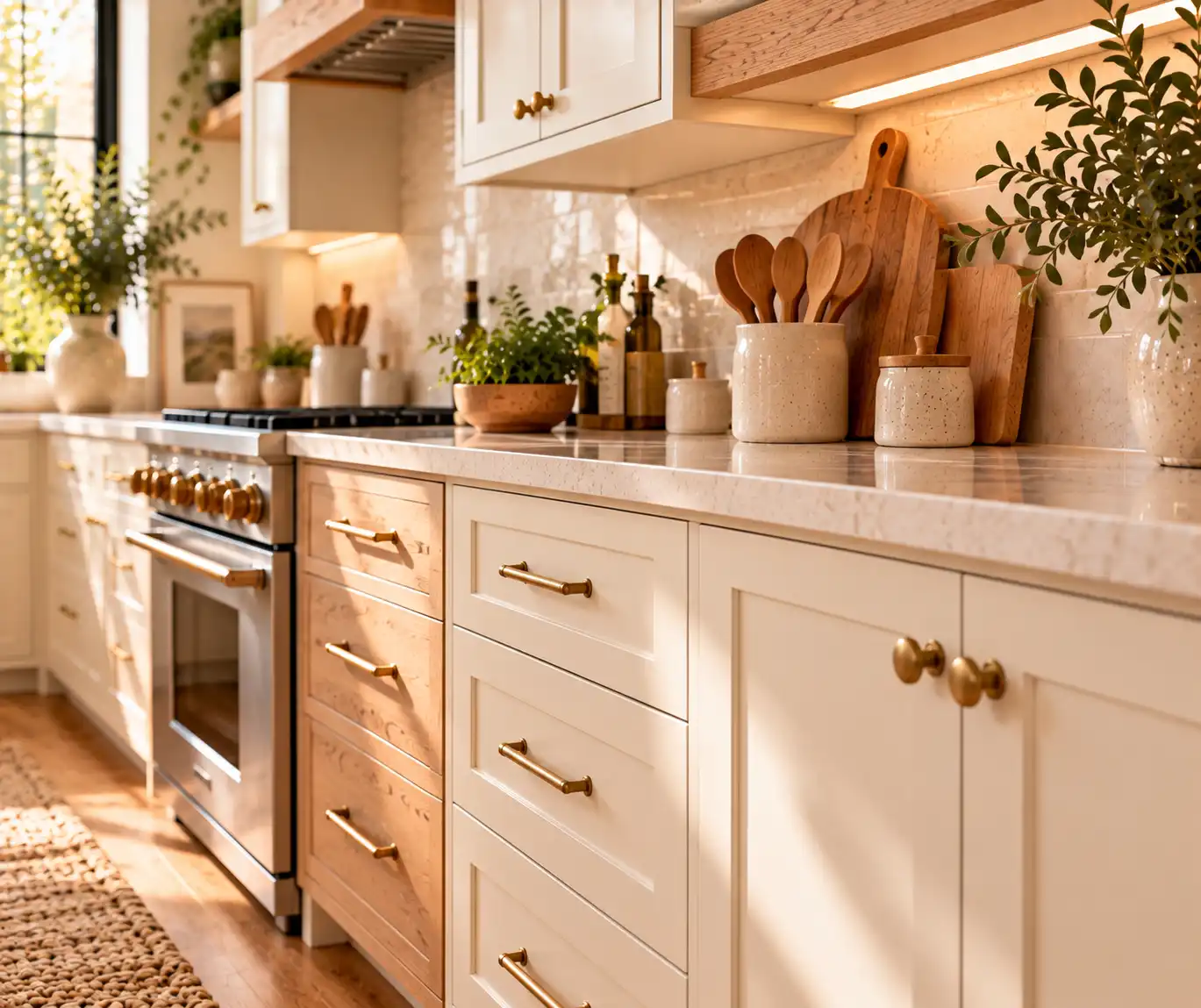 Cream kitchen cabinets with elegant brass hardware and warm neutral styling.