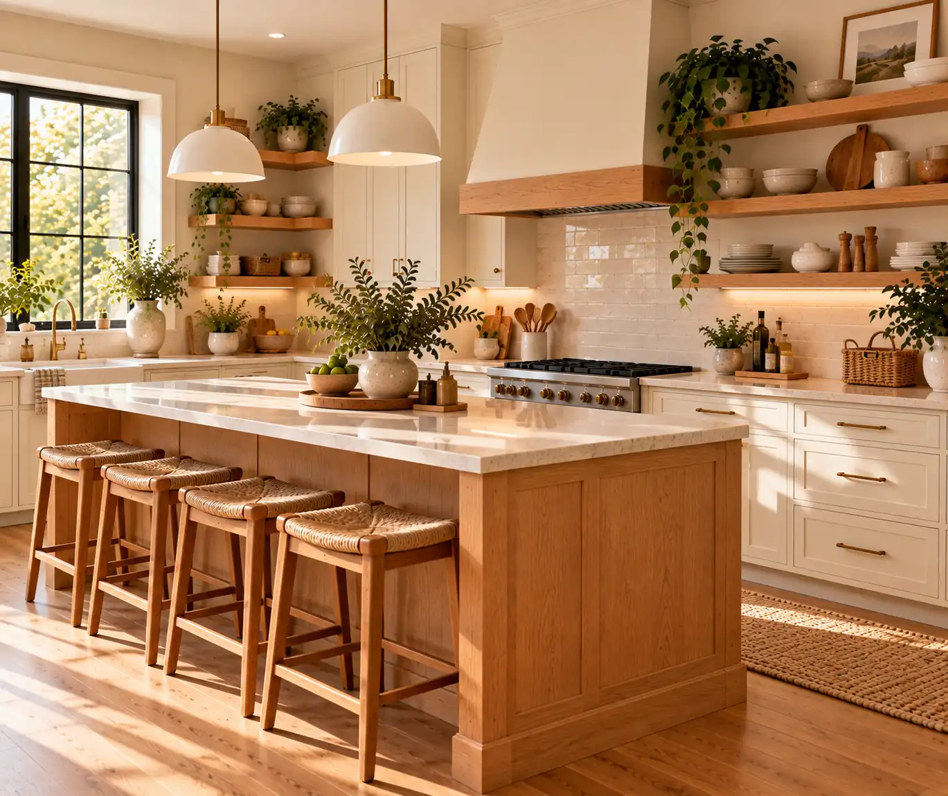 Modern kitchen with natural oak island, wooden shelves, and cream cabinetry.