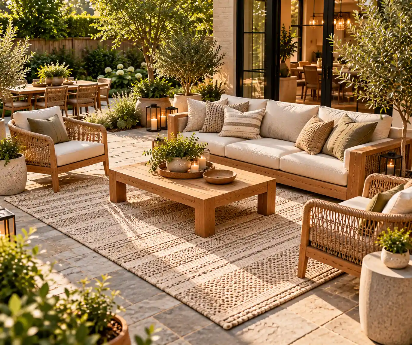 Modern backyard seating area styled with a neutral outdoor rug