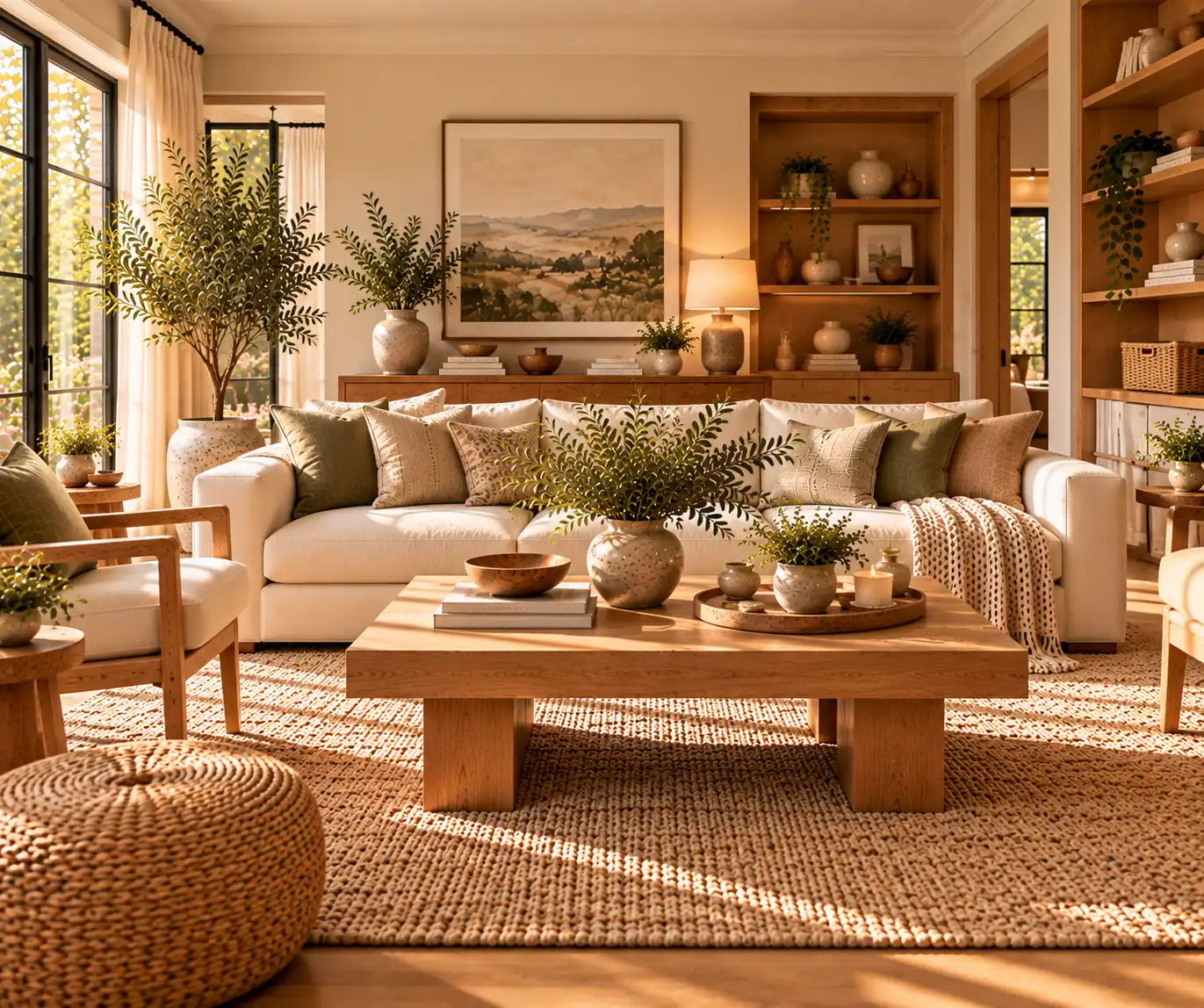 Warm contemporary home with natural wood furniture and neutral decor.