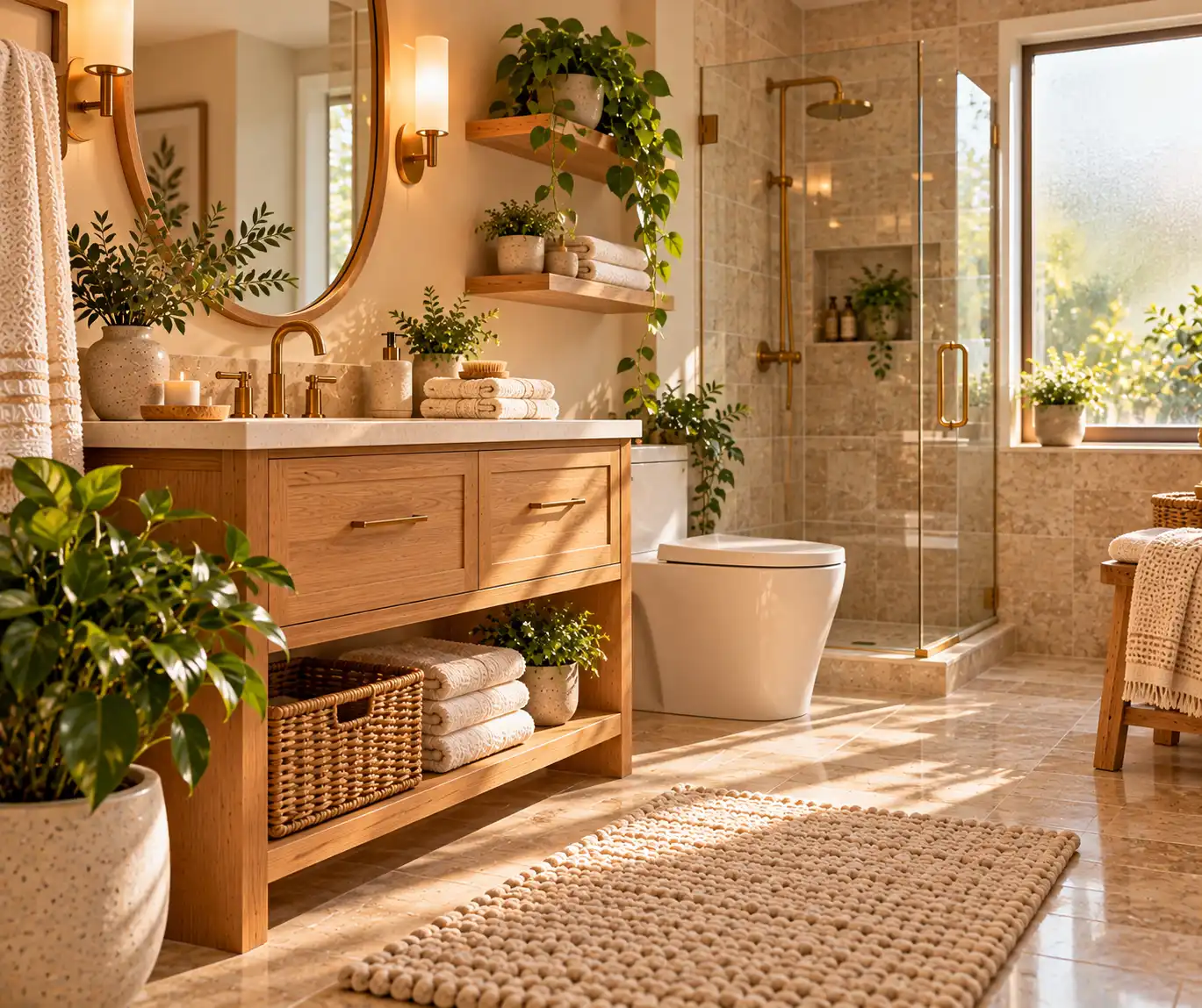 Cozy bathroom decorated with small green plants, natural wood, and neutral accessories.