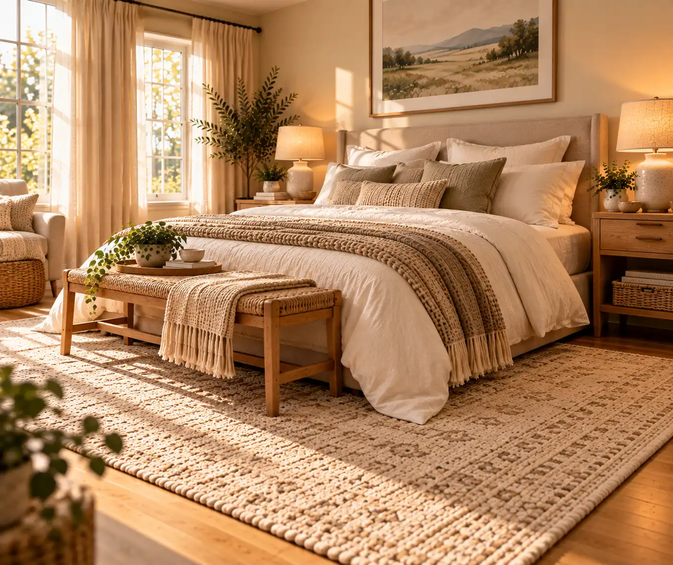 Soft neutral rug placed beneath a cozy bed in a warm bedroom.