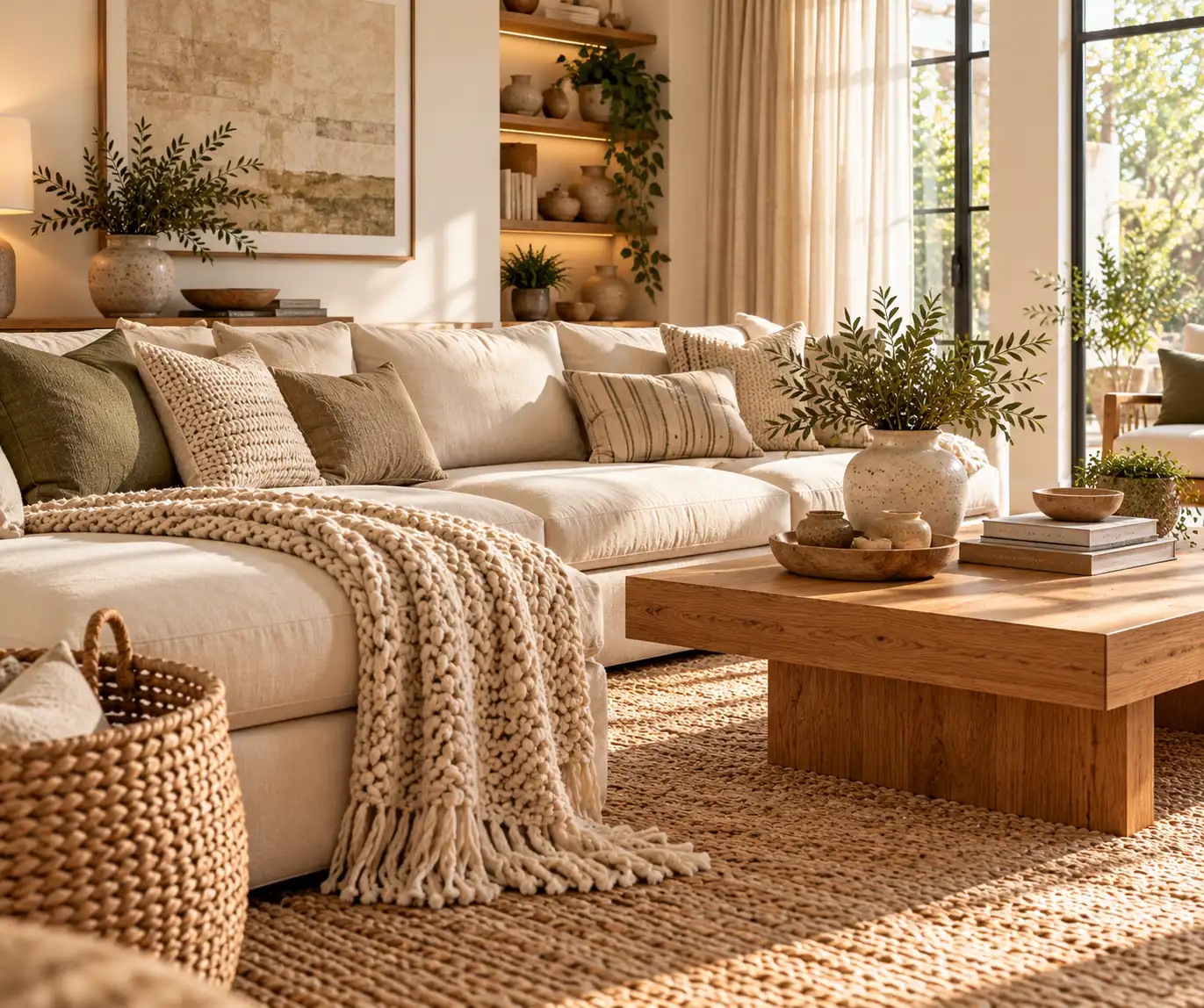 Modern living space with layered linen, cotton, woven, ceramic, and natural wood textures.