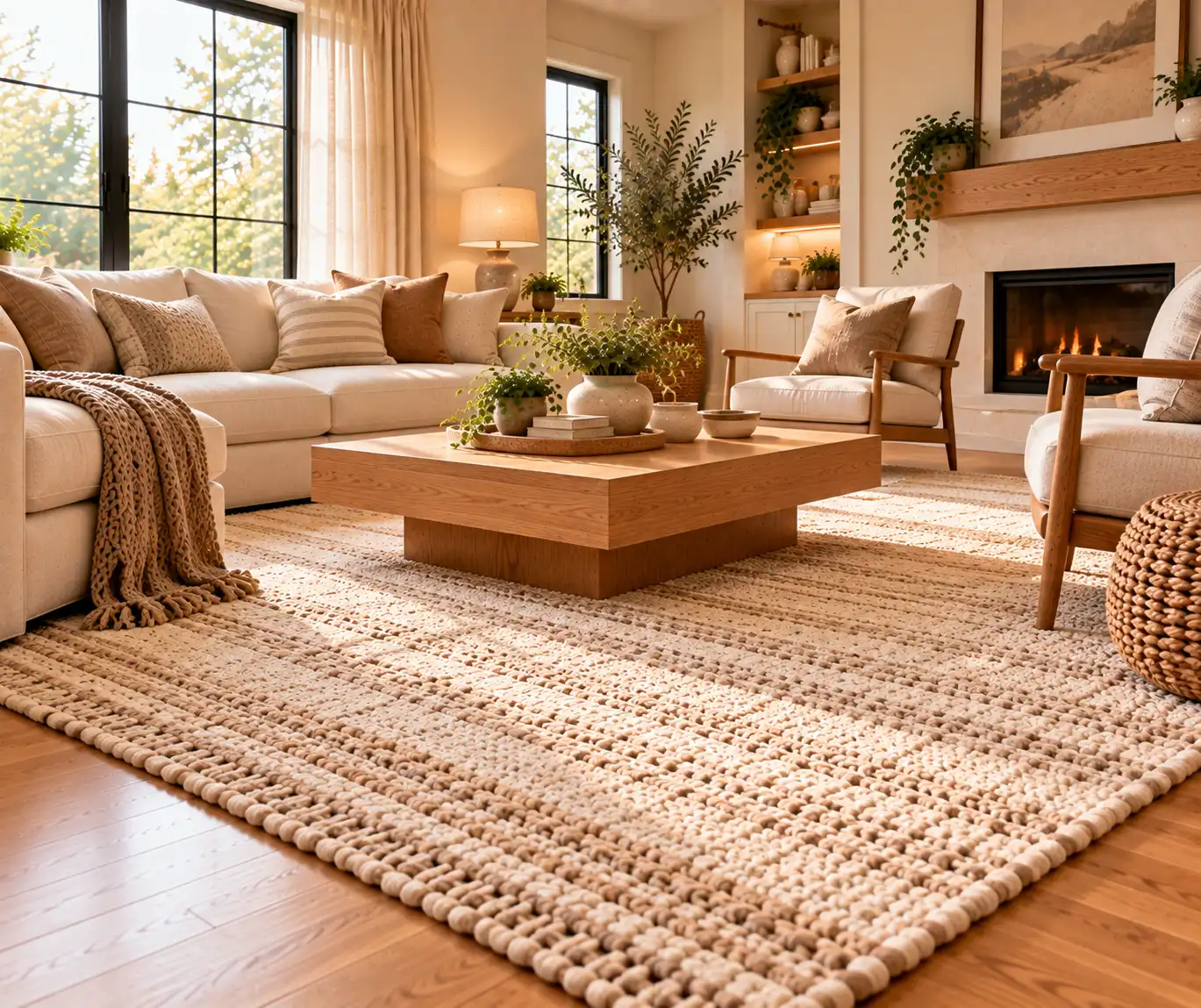 Large textured area rug connecting the seating furniture in a cozy living room.