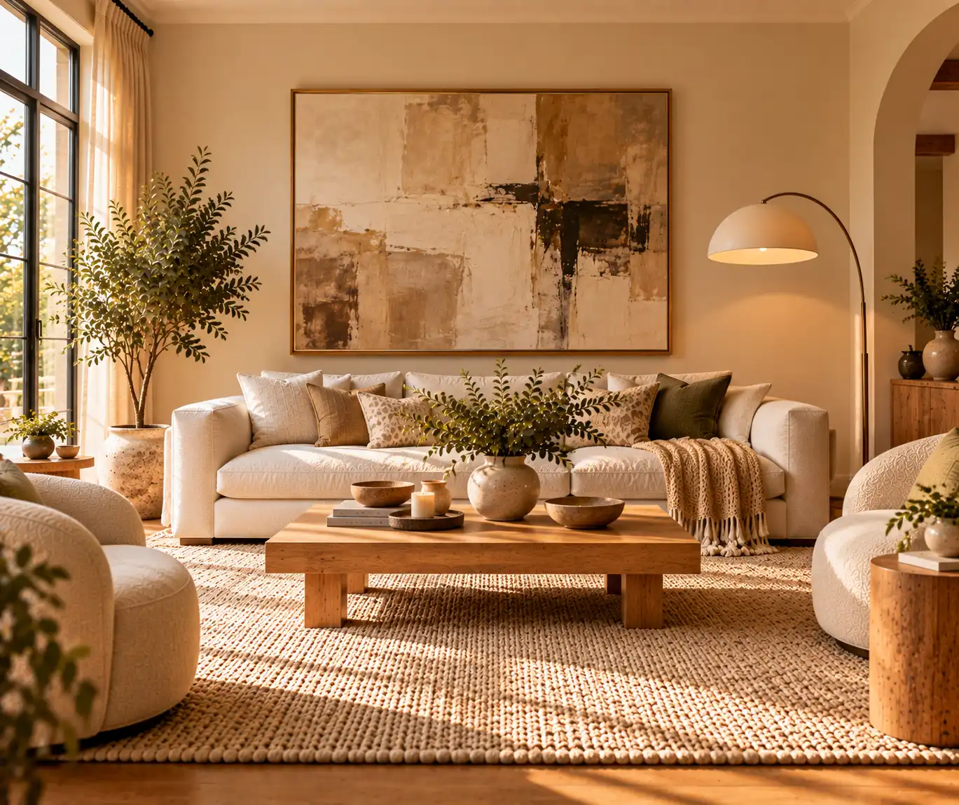 Modern living room with large neutral artwork as a statement focal point