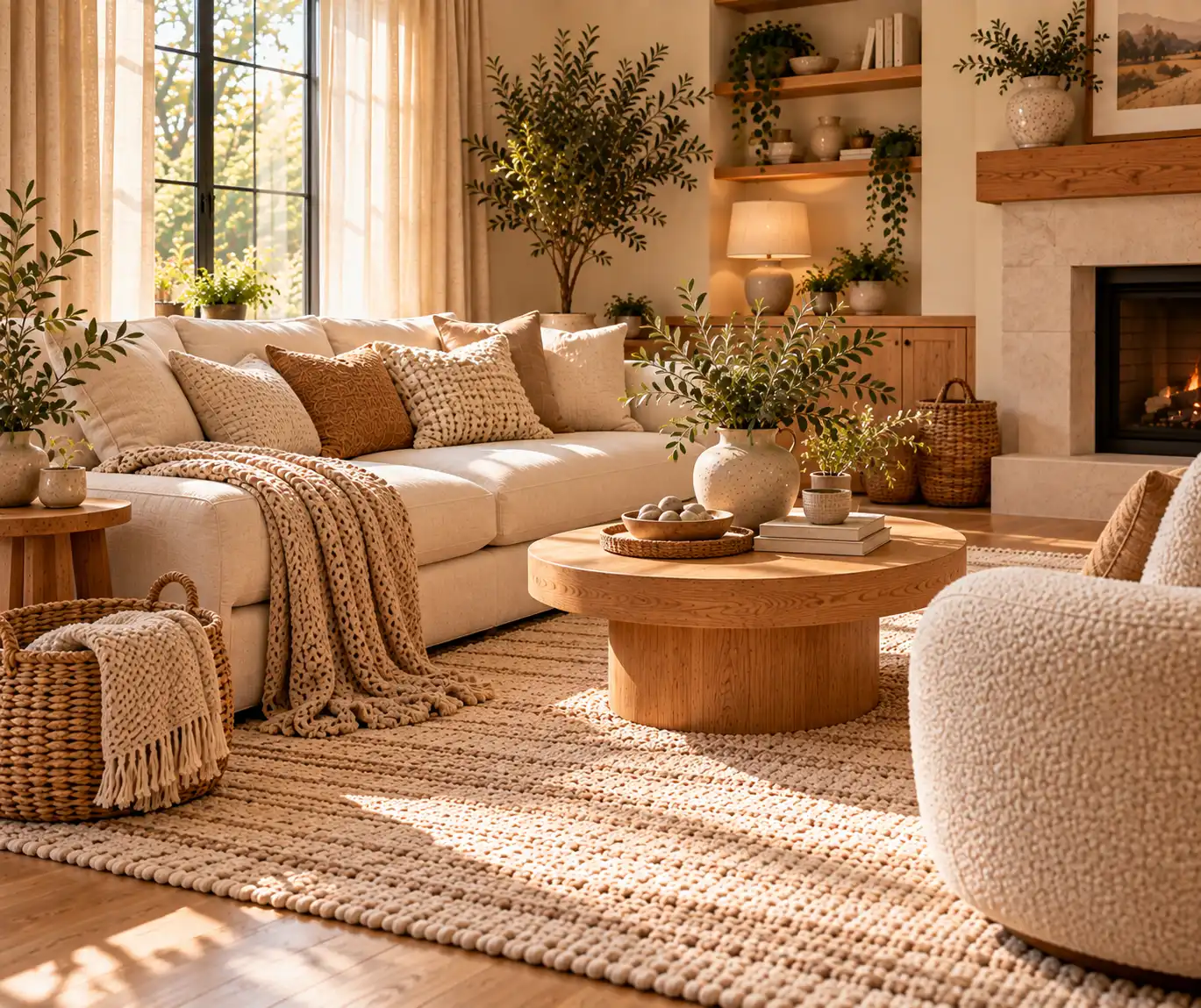 Cozy minimalist living room combining linen, knit, woven, wood, and ceramic textures.