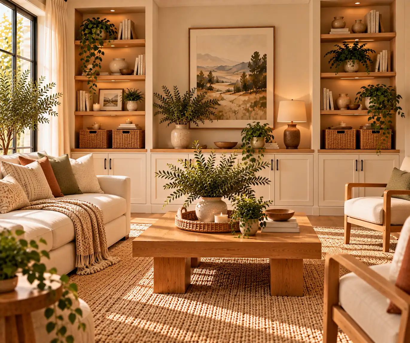 Beautiful modern home with stylish storage, open shelves, baskets, and natural wood.