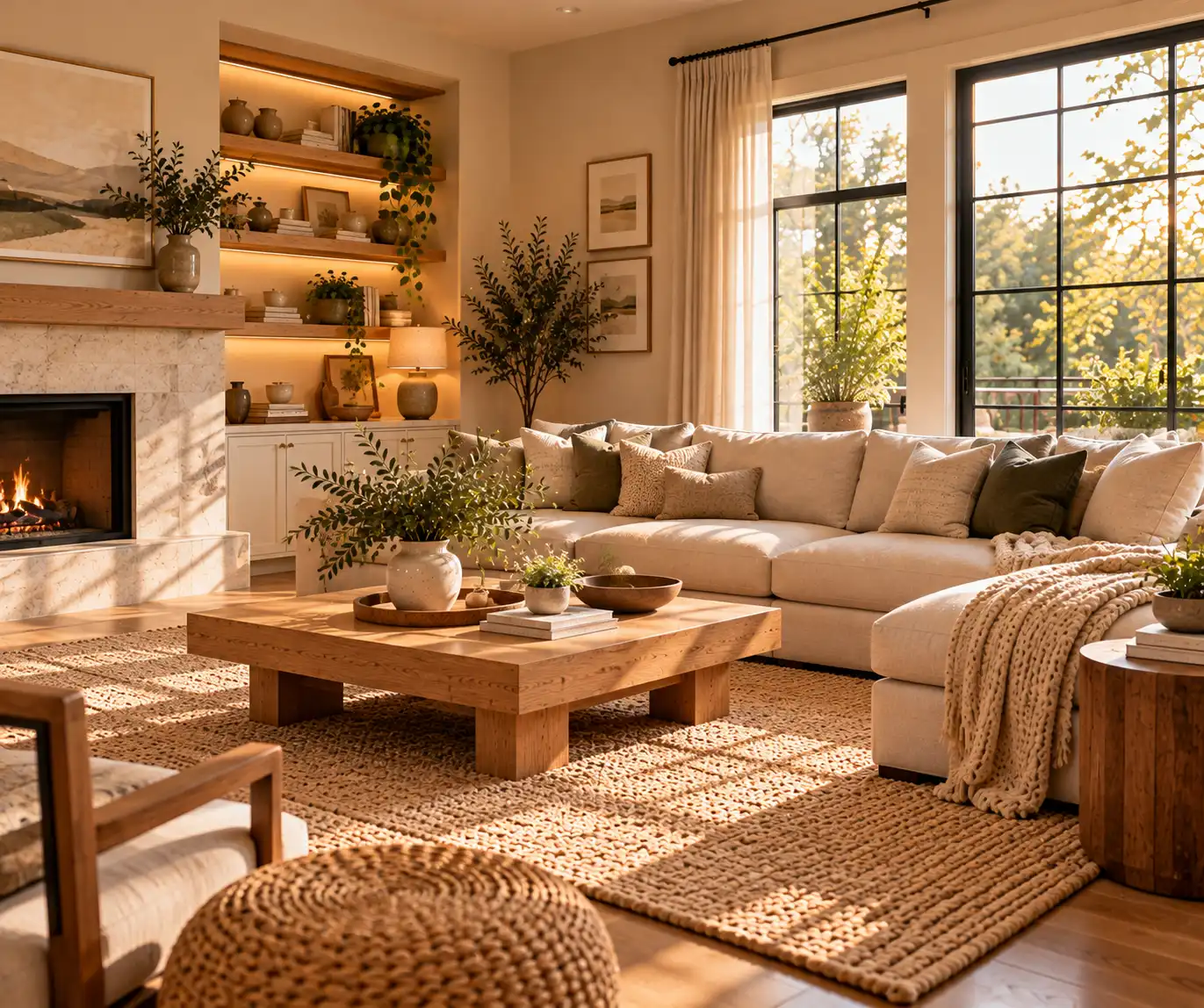 Modern living room styled with warm white, beige, cream, and soft brown tones