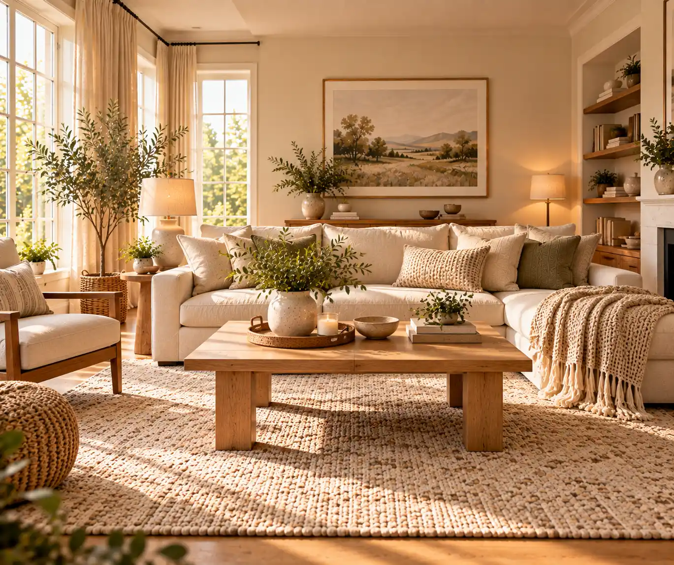 Cozy living room with warm neutral colors and natural wood accents.