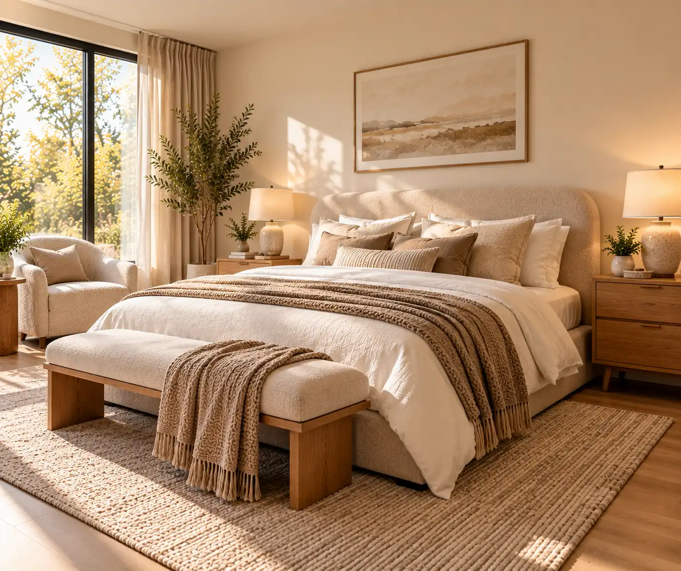 Modern bedroom with a simple beige upholstered bed and layered neutral bedding.