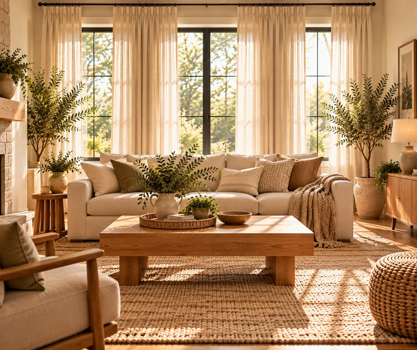 Soft cream curtains framing the windows in a warm and cozy living room.