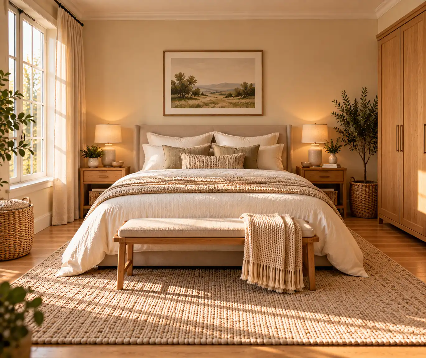 Calm clutter-free bedroom with organized furniture, neutral bedding, and simple decor.