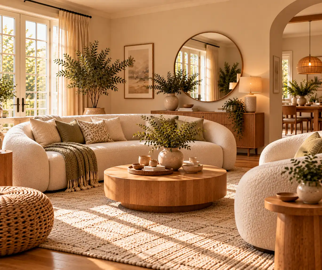 Modern living room with curved sofa, round coffee table, and soft neutral decor