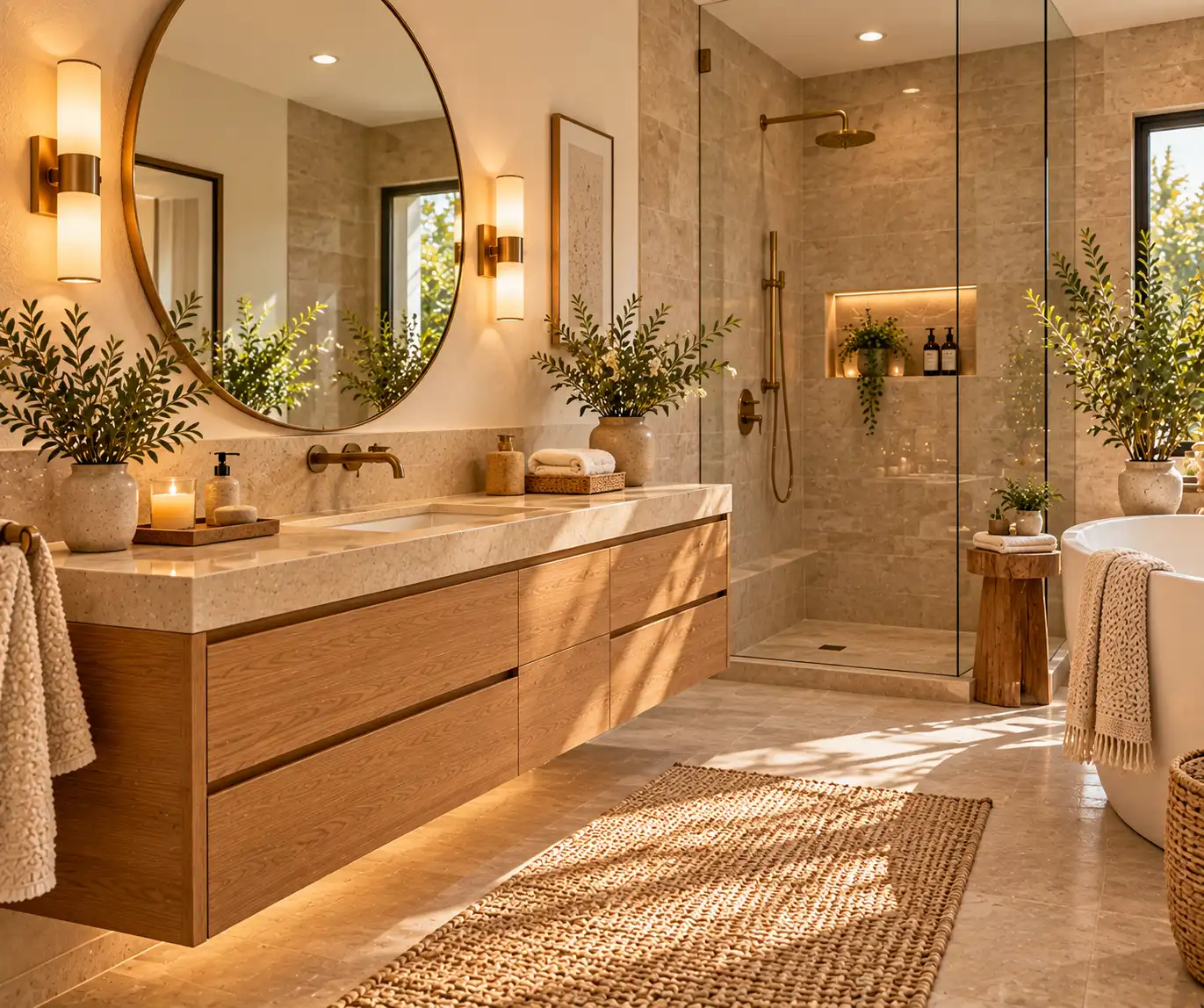 Bathroom with warm natural oak vanity, beige tile, and simple elegant accessories