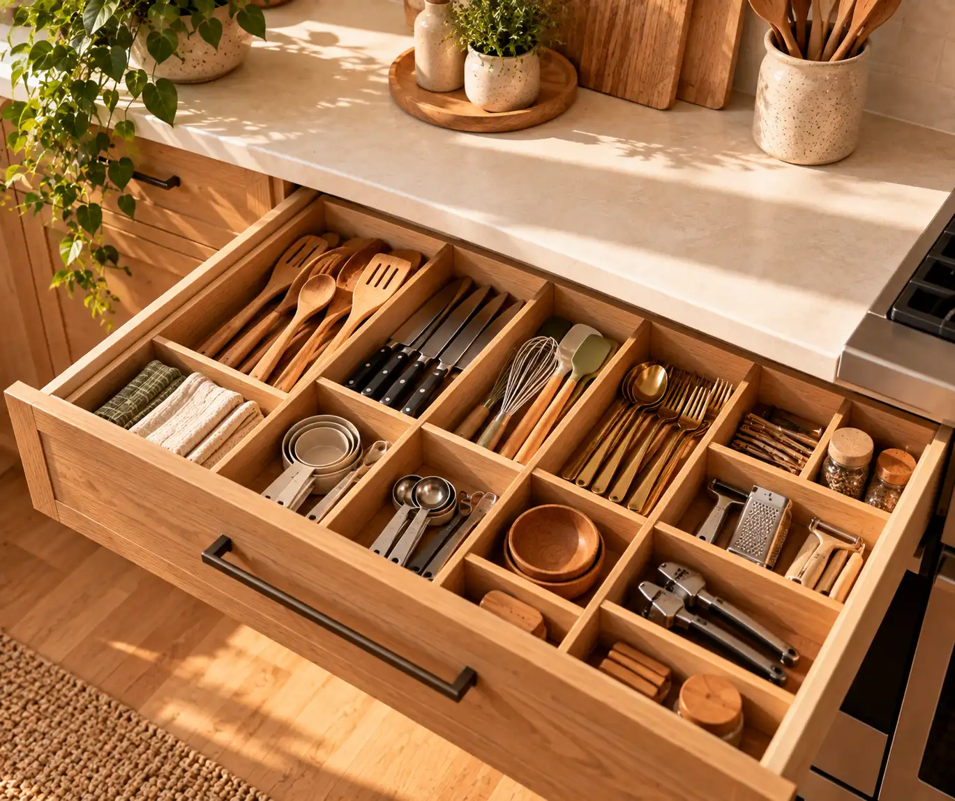 Organized kitchen drawer with simple dividers separating everyday utensils.