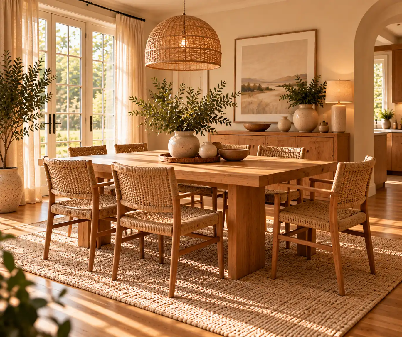 Modern dining area decorated with natural wood, woven textures, and ceramics