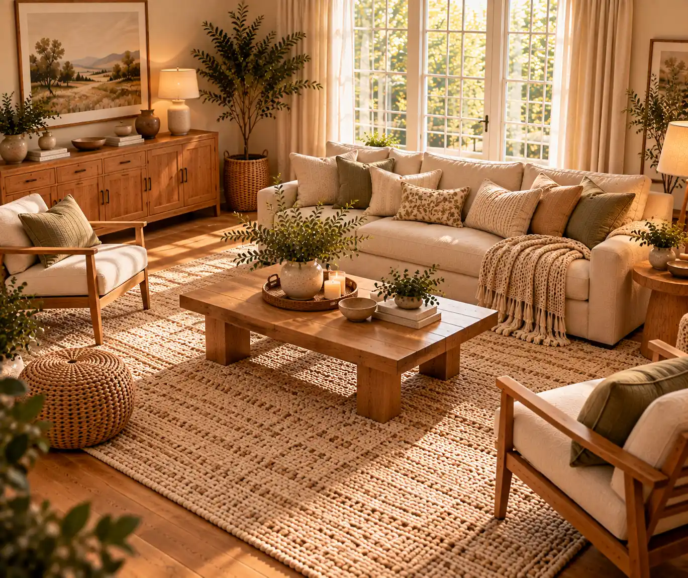 Neutral textured rug anchoring a cozy living room seating area