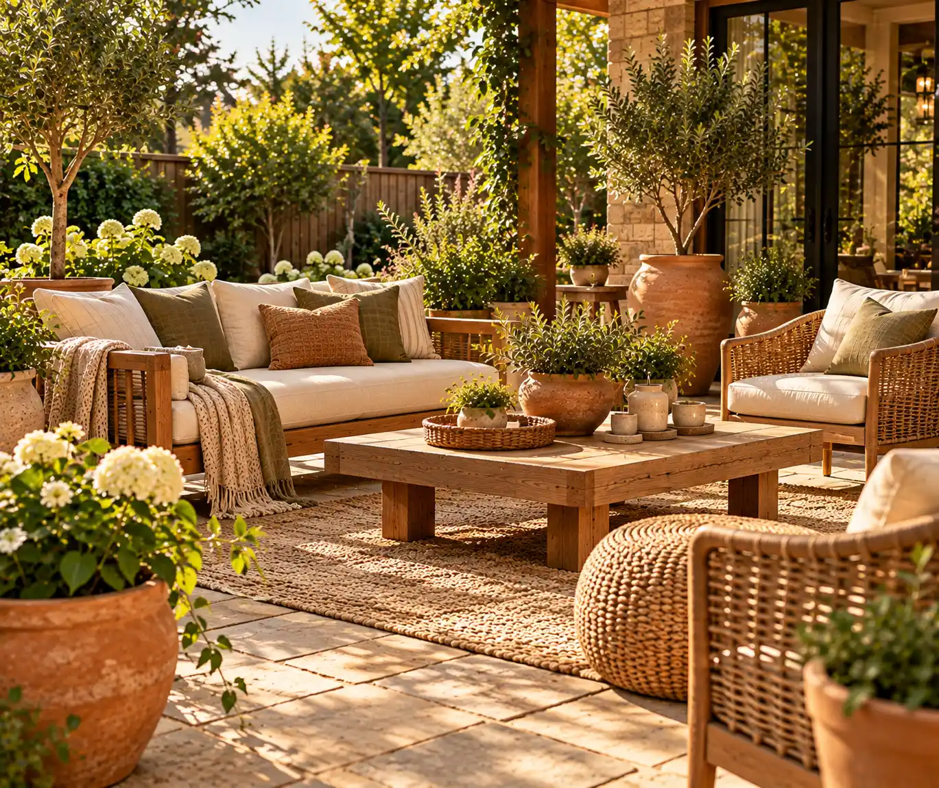 Backyard decorated with natural wood, stone, woven furniture, and terracotta planters.