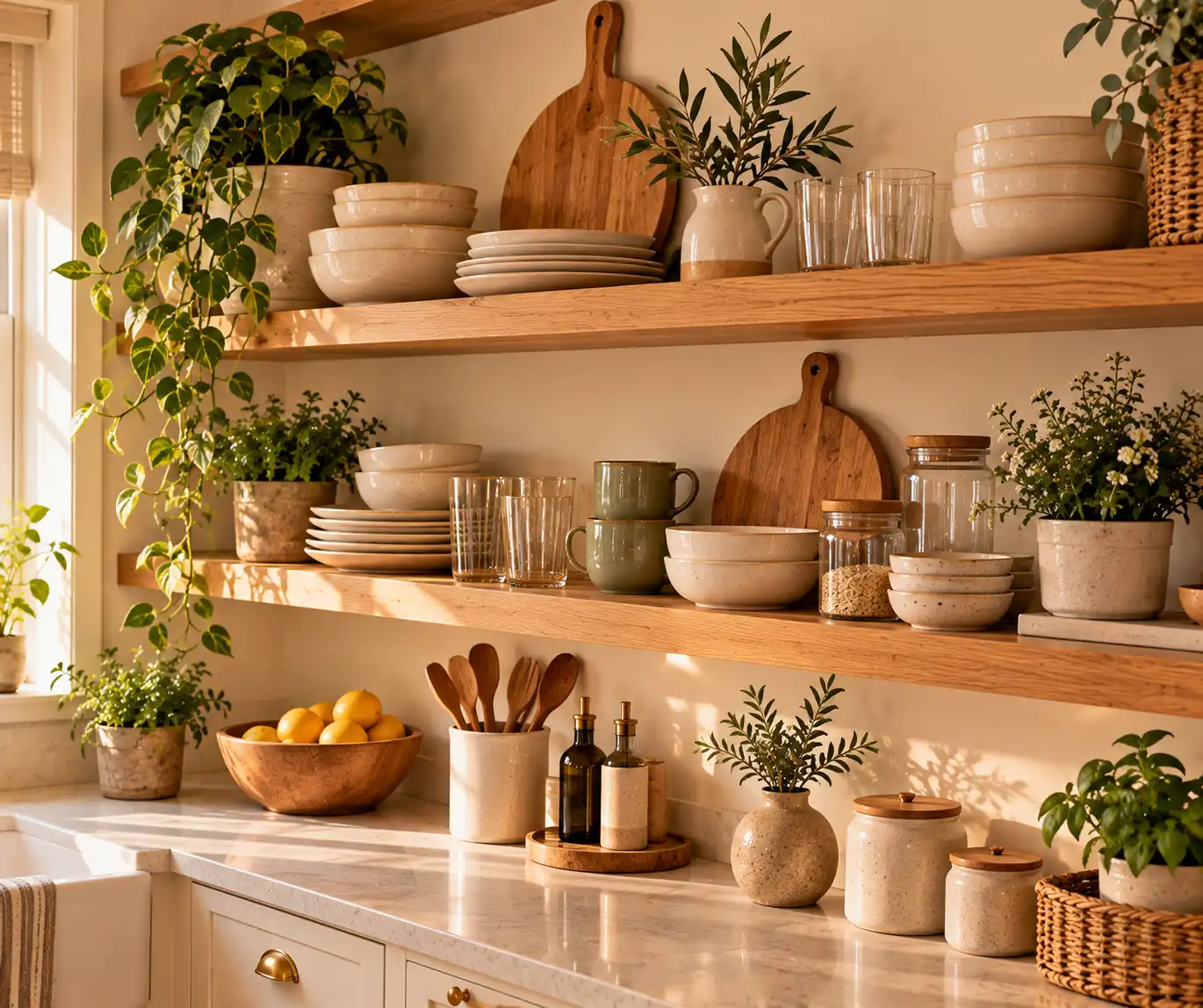 Open kitchen shelves styled with ceramic dishes, glassware, wood, and greenery