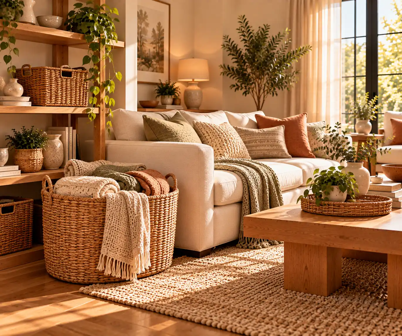 Modern living room using woven baskets to organize blankets and everyday items.