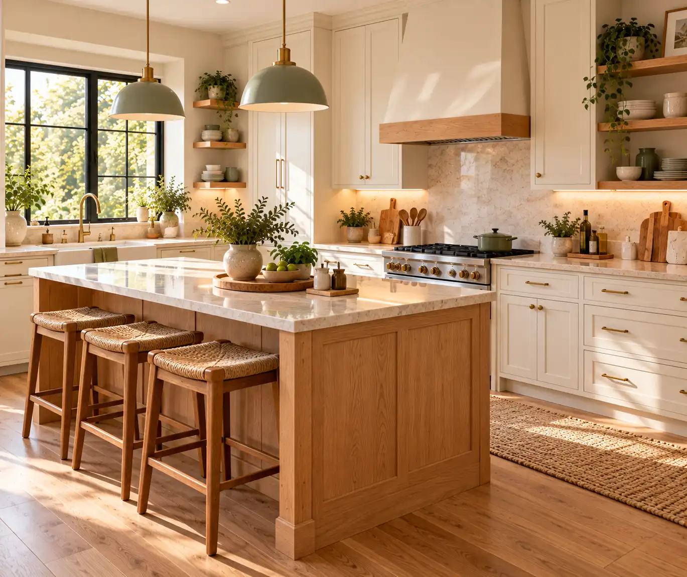Warm modern kitchen with cream cabinets, natural wood, and sage green accents.