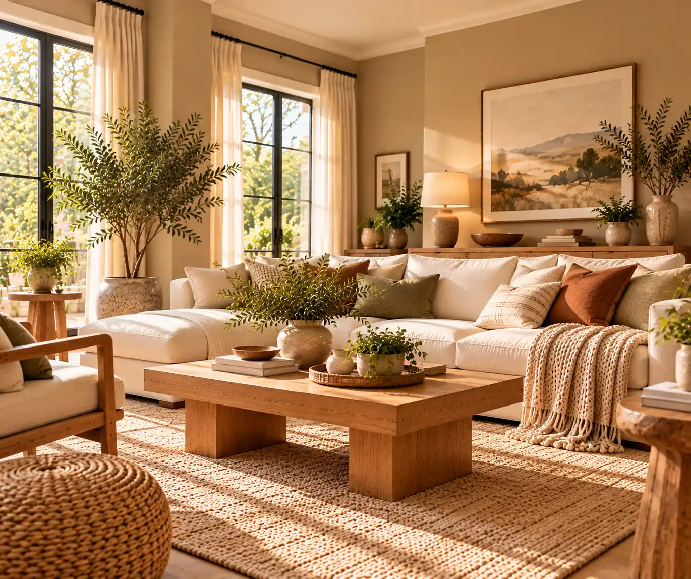 Warm beige living room with cream furniture and natural modern decor.