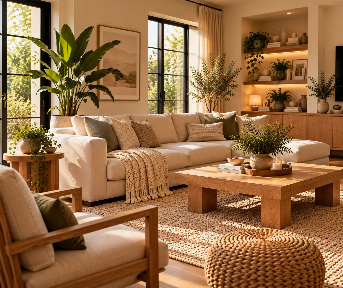 Modern living room with indoor plants, natural wood, and neutral furnishings