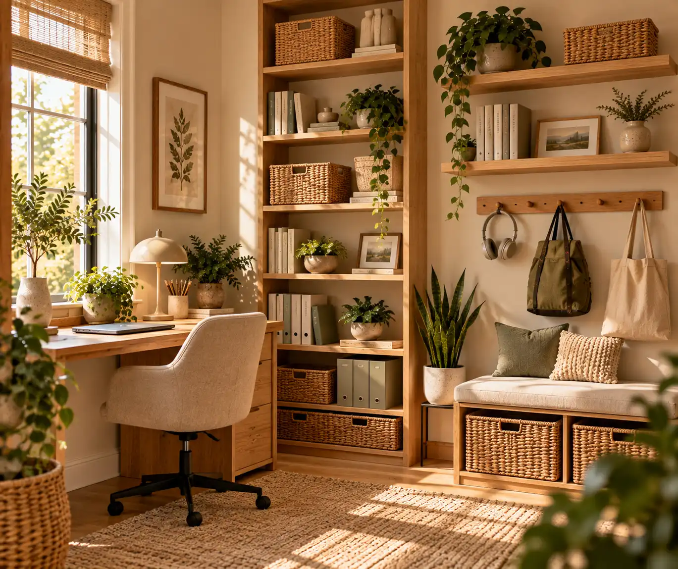 Vertical storage shelves and wall hooks used to organize a small home office