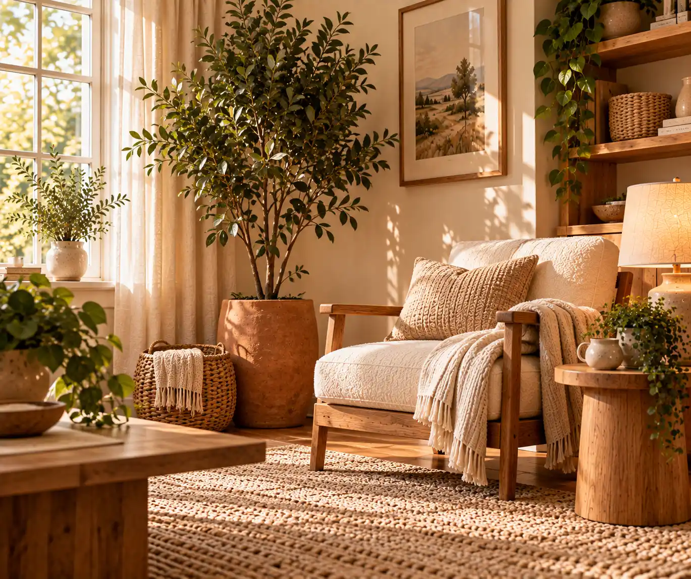 Cozy home corner with indoor greenery, an armchair, and natural textures